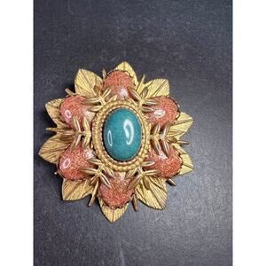Vintage DeNicola Style Floral Brooch Gold Tone Faux Turquoise Glitter Cab
